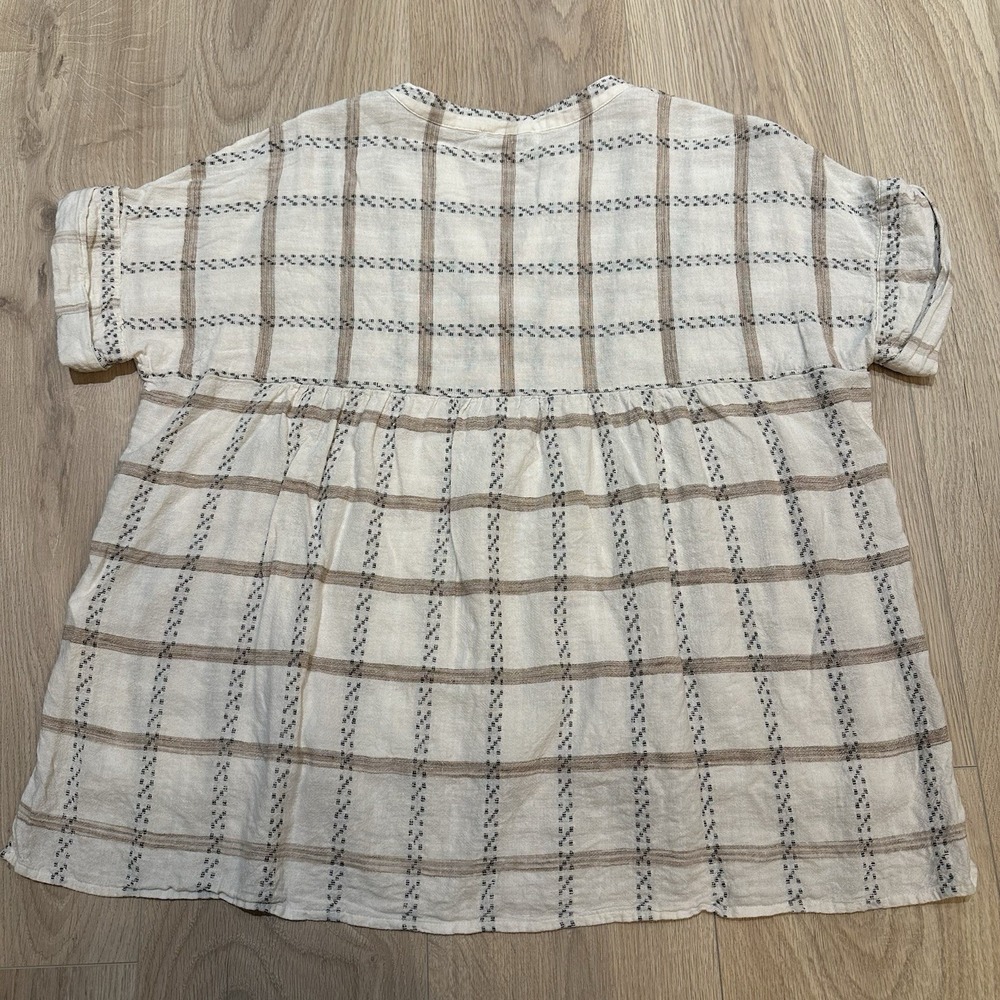 Madewell Lakeline Popover Short Sleeve Shirt Cream Plaid Boxy Linen Blend Size S - Picture 9 of 9